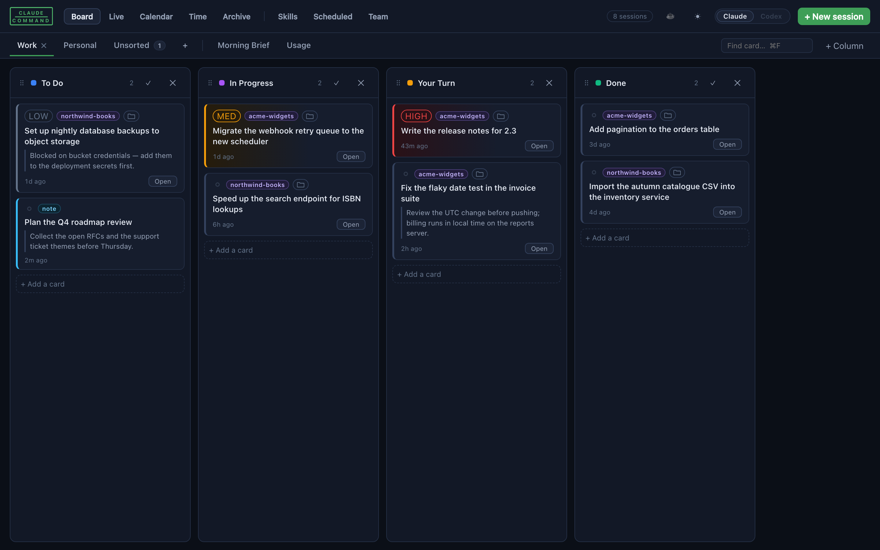 The SessionCommand board: four columns, To Do, In Progress, Your Turn and Done, each card carrying a project label, a priority and the time since its last activity.
